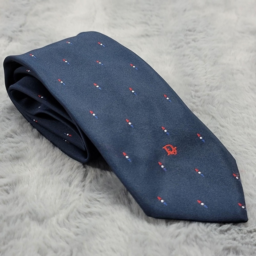 Vintage Christian Dior Tie Mens Navy Geometric Logo Silk Blend Necktie 80s USA